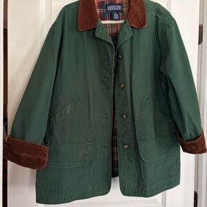 Lands' End Women’s Green Barn Coat with Brown Corduroy Trim